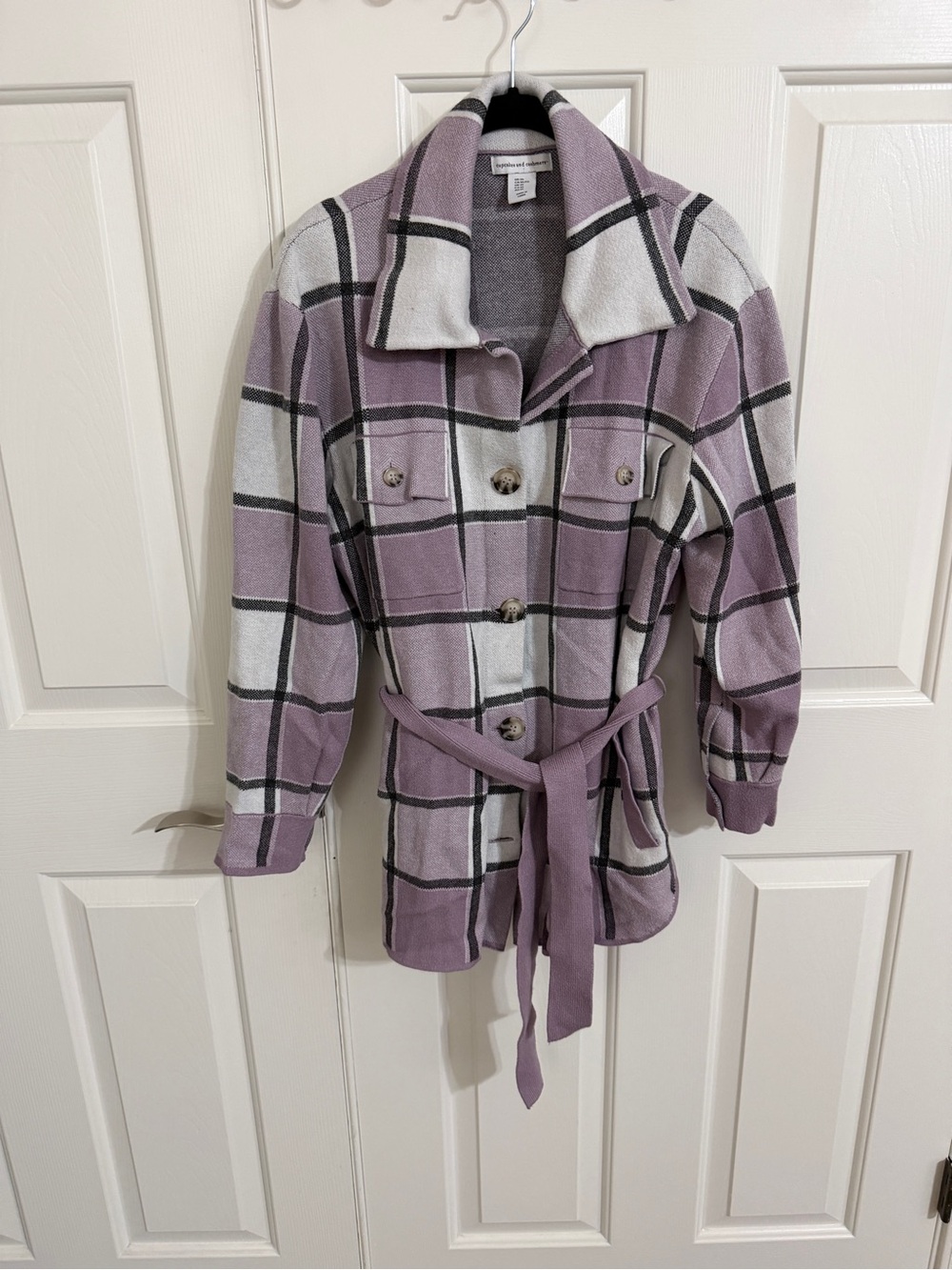 Cupcakes & Cashmere XL Lavender Plaid Belted Sweater Coat Shacket Purple
